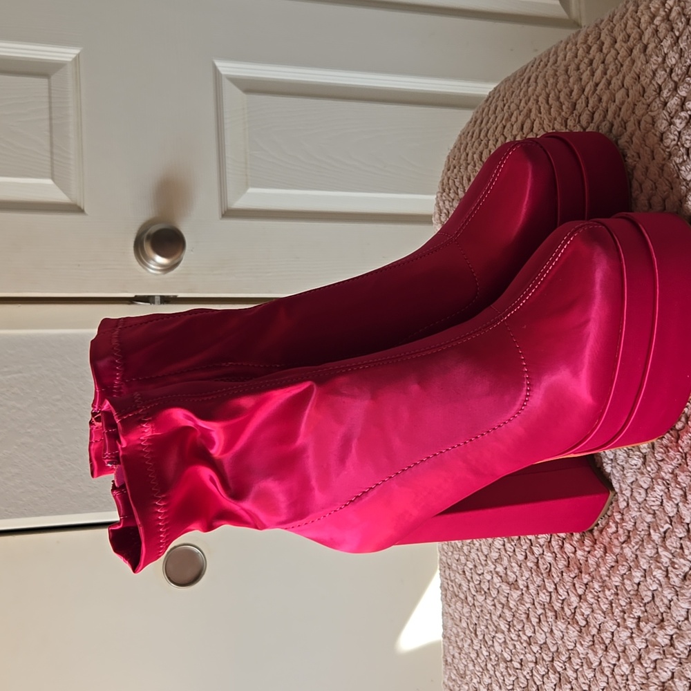 Stylish Hot Pink Satin Platform Boots - Picture 5 of 7